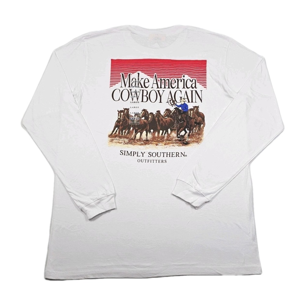 NEW Simply Southern Merican Dude Make America Cowboy Again L Relaxed Long Sleeve